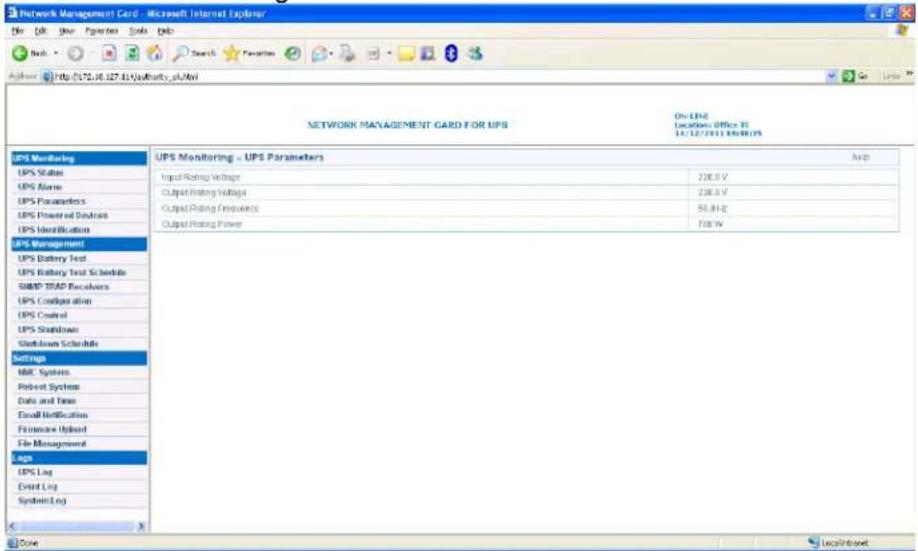 BlueWalker SNMP NMC Card - UPS Parameters menu - 1