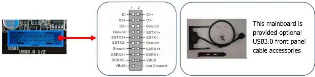 USB1 USB3.0 1/2 1 2 ID D1+ D2+ D1- D2- Ground Ground SSTX1+ SSTX2+ SSTX1- SSTX2- Ground Ground SSRX1+ SSRX2+ SSRX1- SSRX2- VBUS VBUS Not Connect This mainboard is provided optional USB3.0 front panel cable accessories
