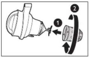 Diagram showing mechanical assembly with labeled parts 1 and 2, likely illustrating a turning or disassembly process.