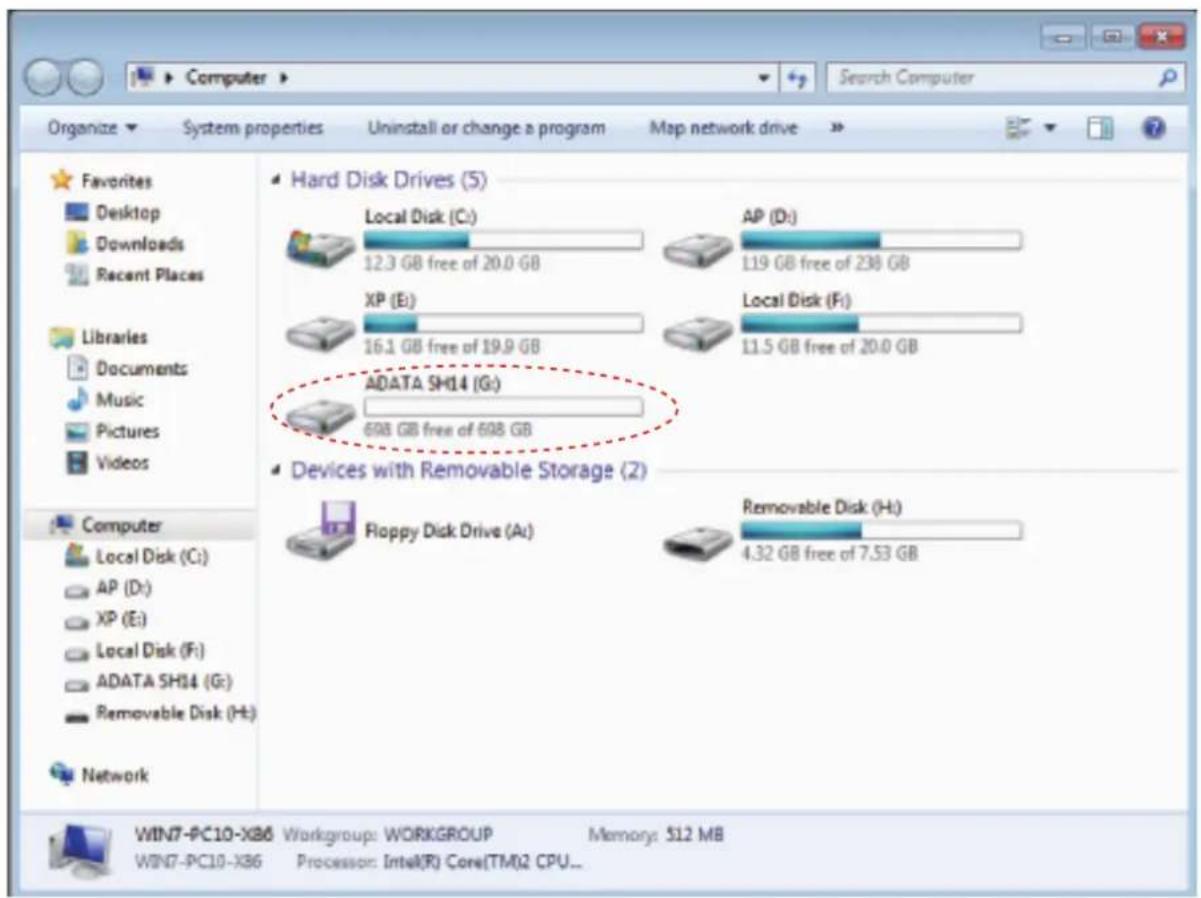 Computer Organize System properties Uninstall or change a program Map network drive Search Computer Favorites Desktop Downloads Recent Places Libraries Documents Music Pictures Videos Computer Local Disk (C:) 12.3 GB free of 20.0 GB XP (E:) 16.1 GB free of 19.9 GB ADATA SH14 (G:) 698 GB free of 698 GB Devices with Removable Storage (Z) Floppy Disk Drive (A:) 4.32 GB free of 7.53 GB Hard Disk Drives (5) AP (D:) 119 GB free of 238 GB Local Disk (F:) 11.5 GB free of 20.0 GB Removable Disk (H:) WIN7-PC10-XB6 Workgroup: WORKGROUP Memory: 512 MB WIN7-PC10-XB6 Processor: Intel(R) Core(TM)2 CPU...