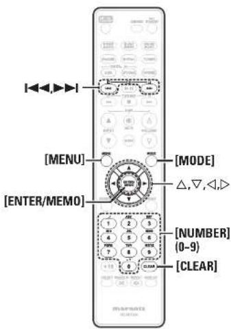 [MENU] [ENTER/MEMO] [MODE] △,▽,◀,◀ [NUMBER] (0-9) [CLEAR]