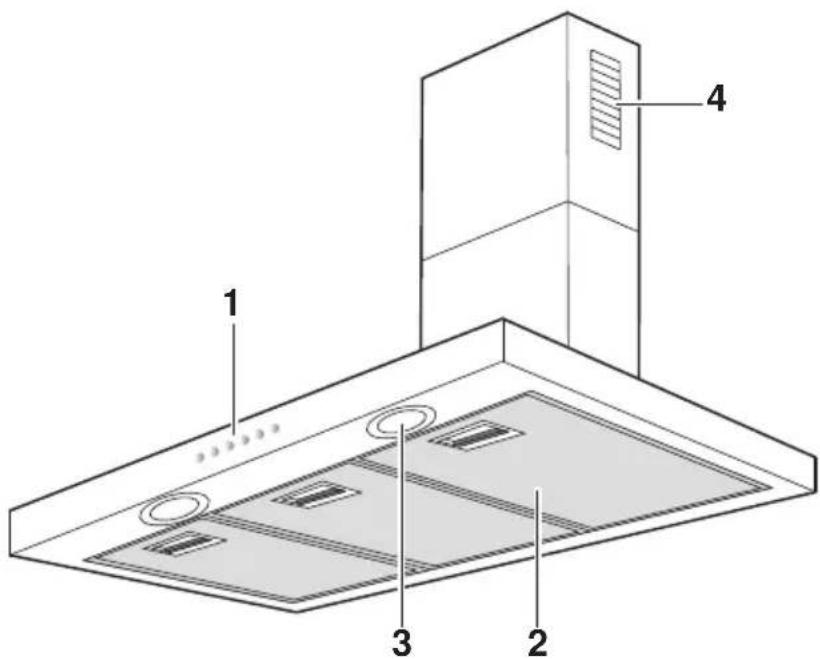 Technical diagram of a kitchen ventilation system with numbered components