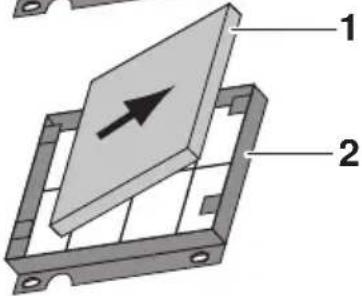 Technical diagram of a mechanical component with labeled parts 1 and 2, showing a cross-sectional view with an arrow indicating direction.