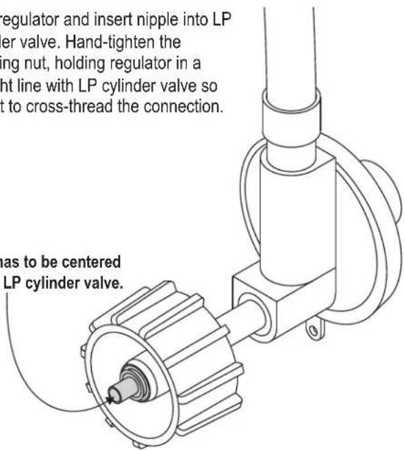 regulator and insert nipple into LP er valve. Hand-tighten the ng nut, holding regulator in a nt line with LP cylinder valve so t to cross-thread the connection. as to be centered LP cylinder valve.