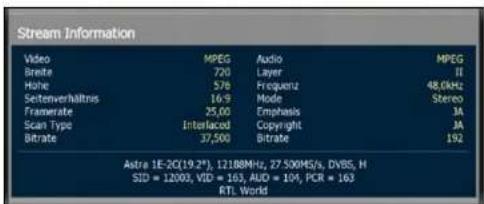 Stream Information Video MPEG Audio MPEG Breite 720 Layer II Hohe 578 Frequenz 48,0kHz Seitenverhaltnis 16:9 Mode Stereo Framerate 25,00 Emphasis JA Scan Type Interlaced Copyright JA Bitrate 37,500 Bitrate 192 Astra 1E-2Q(19.2°), 1218MHz, 27.500MS/s, DVBS, H SID = 1200, VID = 163, AUD = 104, PCR = 163 RTL World