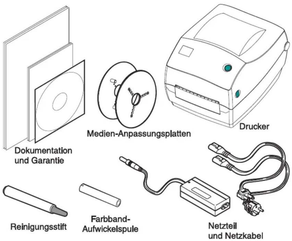 Dokumentation und Garantie Medien-Anpassungsplatten Drucker Reinigungsstift Farbband- Aufwickelspule Netzteil und Netzkabel