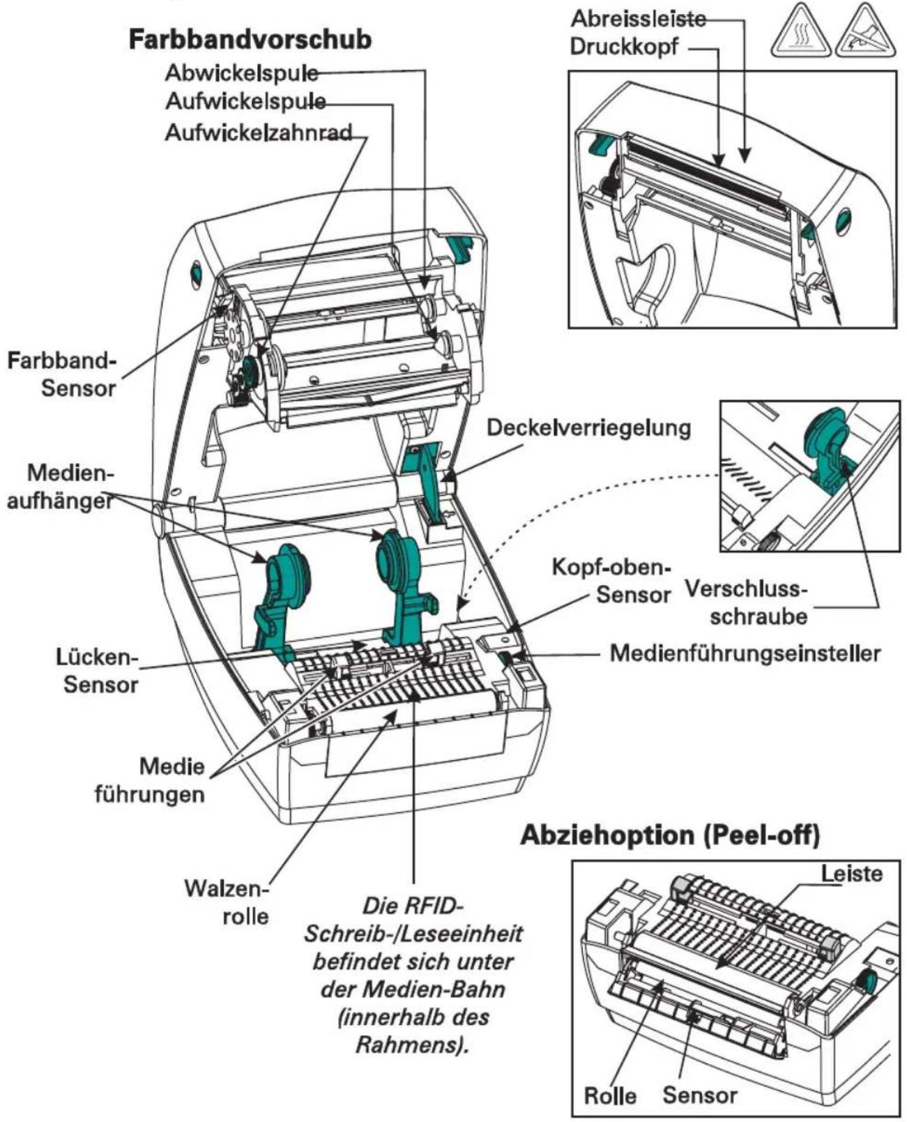 Farbbandvorschub Abwickelspule Aufwickelspule Aufwickelzahnrad Farbband- Sensor Medien- aufhänger Lücken- Sensor Medie führungen Walzen- rolle Die RFID- Schreib-/Leseeinheit befindet sich unter der Medien-Bahn (innerhalb des Rahmens). Deckelverriegelung Kopf-oben- Sensor Verschluss- schraube Medienführungseinsteller Abziehoption (Peel-off) Leiste Rolle Sensor Abreissleiste Druckkopf