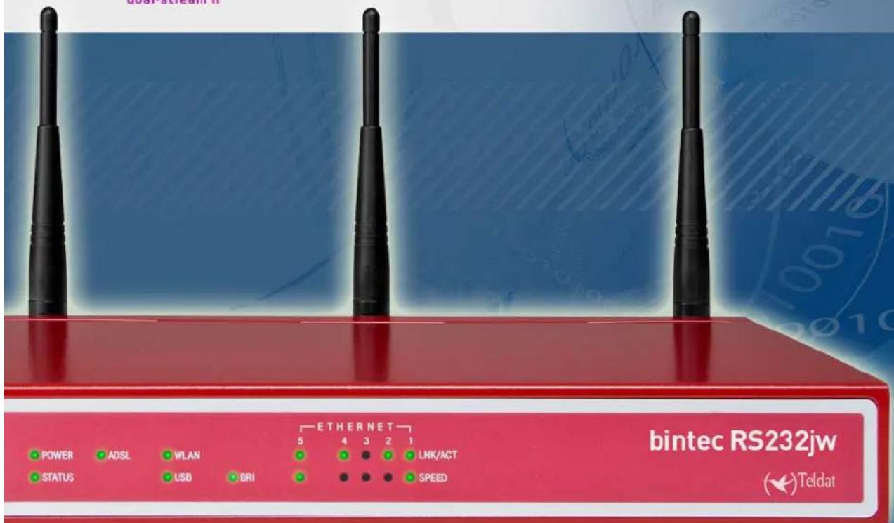 bintec RS232jw Teldat POWER ADSL WLAN 5 4 3 2 1 STATUS USB BRI 5 4 3 2 1 ETHERNET LNK/ACT SPEED