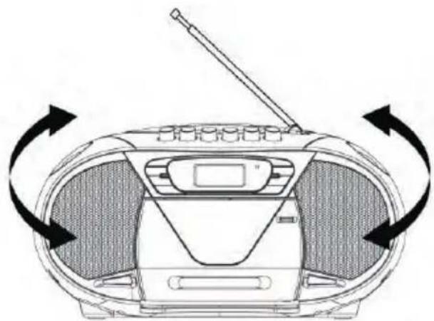 Line drawing of a portable radio with directional arrows indicating rotation (no text or symbols)
