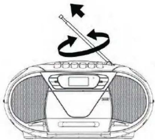 Diagram of a portable radio with a stylus, showing airflow direction and control panel (no text or symbols)