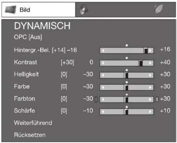 DYNAMISCH, OPC [Aus], Hintergr.-Bel. [+14] -16 +16, Kontrast [+30] 0 +40, Helligkeit [0] -30 +30, Farbe [0] -30 +30, Farbton [0] -30 +30, Schärfe [0] -10 +10, Weiterführend, Rücksetzen