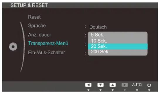 SETUP & RESET Reset Sprache : Deutsch Anz. dauer : 5 Sek. 10 Sek. Transparenz-Menü : 20 Sek. Ein-/Aus-Schalter : 200 Sek.