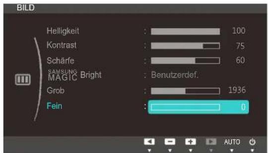 BILD Helligkeit : 100 Kontrast : 75 Schärfe : 60 SAMSUNG MAGIC Bright : Benutzerdef. Grob : 1936 Fein : 0 AUTO