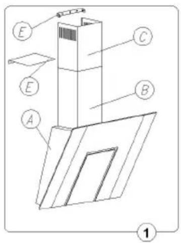 Technical diagram of a mechanical or architectural component with labeled parts A, B, C, and E