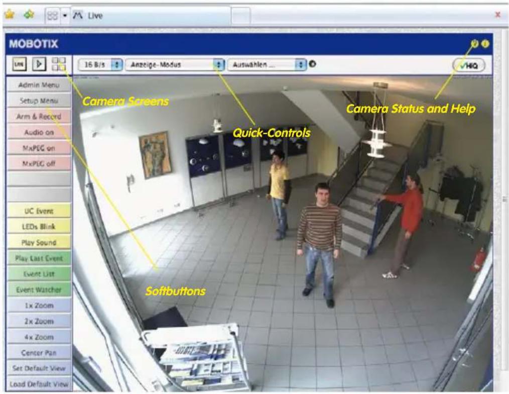 MOBOTIX 16 B/s Anzeige-Modus Auswahlen Camera Screens Quick-Controls Camera Status and Help Softbuttons