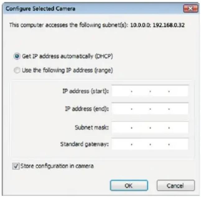 Configure Selected Camera This computer accesses the following subnet(s): 10.0.0.0; 192.168.0.32 Get IP address automatically (DHCP) Use the following IP address (range) IP address (start): · · · IP address (end): · · · Subnet mask: · · · Standard gateway: · · · Store configuration in camera OK Cancel