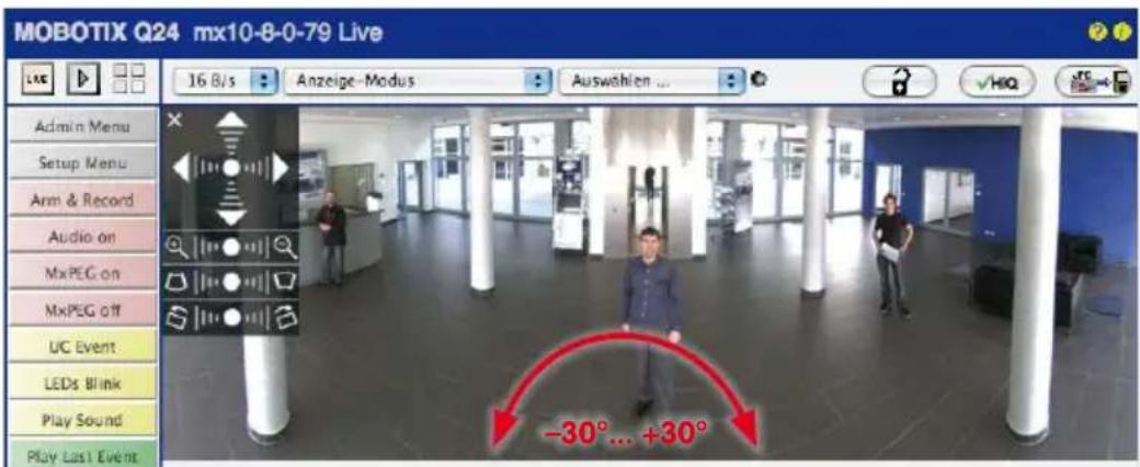 MOBOTIX Q24 mx10-8-0-79 Live 16 B/s Anzeige-Modus Auswahlen Admin Menu Setup Menu Arm & Record Audio on MxPEG on MxPEG off UC Event LEDs Blink Play Sound Play Last Event -30°... +30°