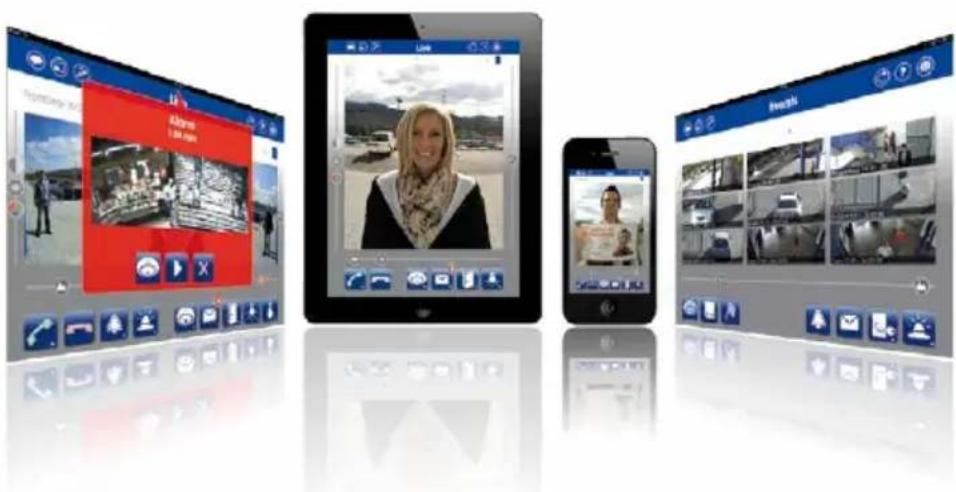 Screenshot collage of a mobile app interface displaying video call, tablet, and smartphone screens with Chinese text labels.