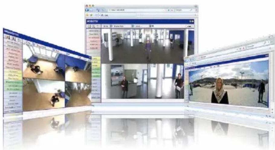 Screenshot of a video surveillance system interface with multiple video thumbnails showing security camera feeds and real-time views of a person in a desert environment.