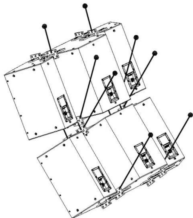 Technical line drawing of a mechanical assembly with multiple components and mounting holes (no text or symbols).