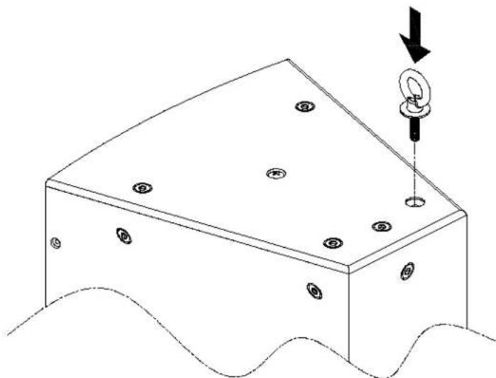 Isometric diagram of a rectangular structure with circular holes and a downward arrow, no text or symbols present