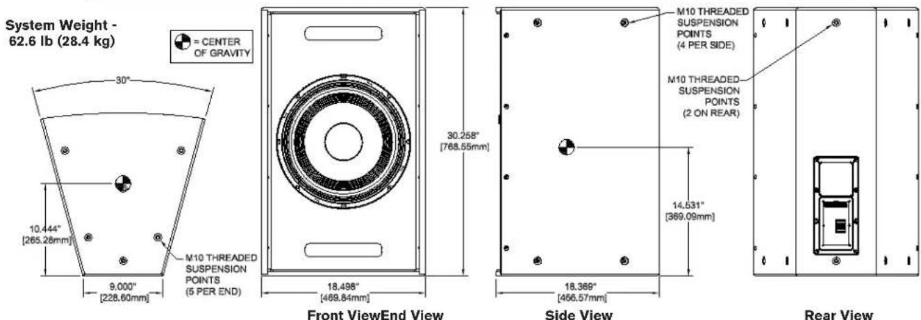 System Weight - 62.6 lb (28.4 kg) = CENTER OF GRAVITY 30° 10.444" [265.28 mm] 9.000" [228.60 mm] M10 threaded suspension points (5 per end) 30.258" [768.55 mm] 18.498" [469.84 mm] Front View / End View M10 threaded suspension points (4 per side), M10 threaded suspension points (2 on rear) 14.531" [3…