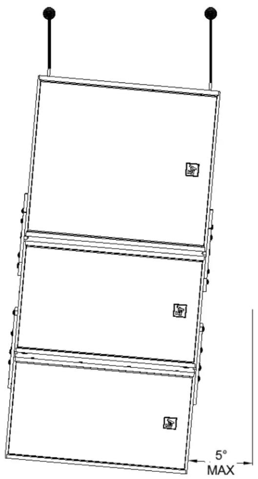 Technical line drawing of a three-tiered cabinet or rack structure with mounting feet and a 5° angle indicator (no text or symbols beyond basic geometry).