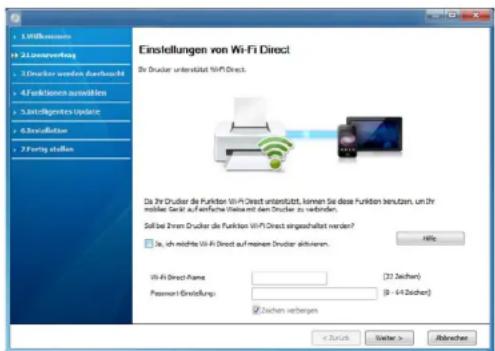 Einstellungen von Wi-Fi Direct Der Drucker unterstützt Wi-Fi Direct. Da Ihr Drucker die Funktion Wi-Fi Direct unterstützt, können Sie diese Funktion benutzen, um Ihr mobiles Gerät auf einfache Weise mit dem Drucker zu verbinden. Soll bei Ihrem Drucker die Funktion Wi-Fi Direct eingeschaltet werden?…