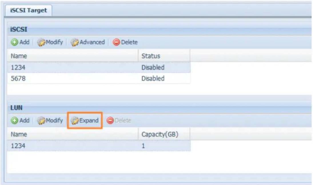 iSCSI Target iSCSI Add Modify Advanced Delete Name Status 1234 Disabled 5678 Disabled LUN Add Modify Expand Delete Name Capacity(GB) 1234 1