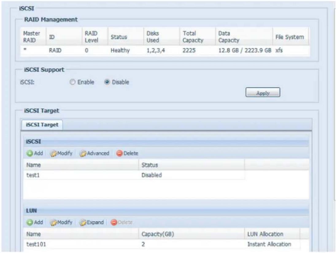 iSCSI RAID Management Master RAID ID RAID Level Status Disks Total Data Used Used Capacity Capacity File System * RAID 0 Healthy 1,2,3,4 2225 12.8 GB / 2223.9 GB xfs iSCSI Support iSCSI: Enable Disable Apply iSCSI Target iSCSI Target iSCSI Add Modify Advanced Delete Name Status test1 Disabled LUN Add Modify Expand Delete Name Capacity(GB) LUN Allocation test101 2 Instant Allocation