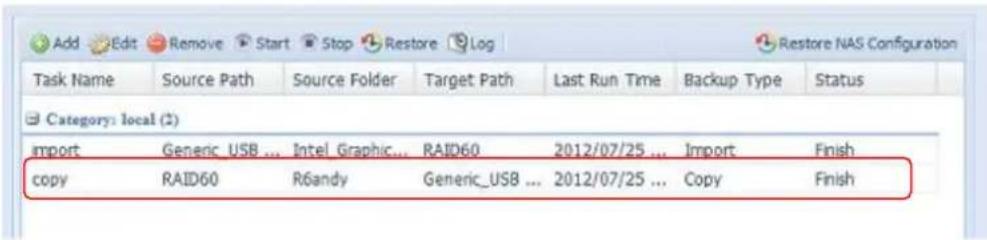 Add Edit Remove Start Stop Restore Log Task Name Source Path Source Folder Target Path Last Run Time Backup Type Status Category: local (2) import Generic USB ... Intel Graphic... RAID60 2012/07/25 ... Import Finish copy RAID60 R6andy Generic_USB ... 2012/07/25 ... Copy Finish