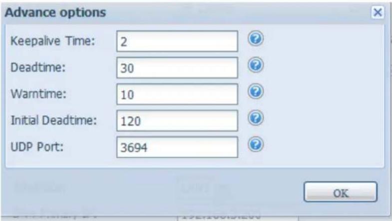 Advance options Keepalive Time: 2 Deadtime: 30 Warntime: 10 Initial Deadtime: 120 UDP Port: 3694 OK