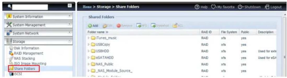 Home > Storage > Share Folders System Information System Management System Network Storage Disk Information RAID Management NAS Stacking ISO Image Mounting Share Folders SCSI Shared Folders Add Edit Remove NFS Snapshot ACL Folder name >> iTunes_music USBCopy USBHDD eSATAHDD NAS_Public _NAS_Module_Source_ RAID ID File System Public Description RAID xfs yes RAID xfs yes RAID xfs yes Used for exte RAID xfs yes Used for eSA