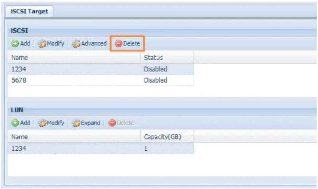 iSCSI Target iSCSI Add Modify Advanced Delete Name Status 1234 Disabled 5678 Disabled LUN Add Modify Expand Delete Name Capacity(GB) 1234 1