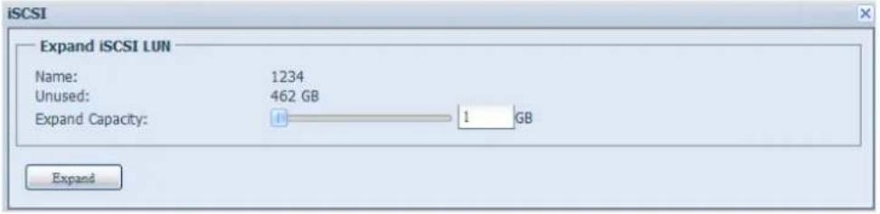 iSCSI Expand iSCSI LUN Name: 1234 Unused: 462 GB Expand Capacity: 1 GB Expand