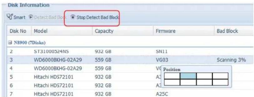 Disk Information Smart Detect Bad Block Stop Detect Bad Block Disk No Model Capacity Firmware Bad Block N8900 (7Disks) 2 ST31000524NS 932 GB SN11 3 WD6000BKHG-02A29 559 GB VG03 Scanning 3% 4 WD6000BKHG-02A29 559 GB V0 Position 5 Hitachi HDS72101 932 GB A3 6 Hitachi HDS72101 932 GB A3 7 Hitachi HDS72101 932 GB A25C
