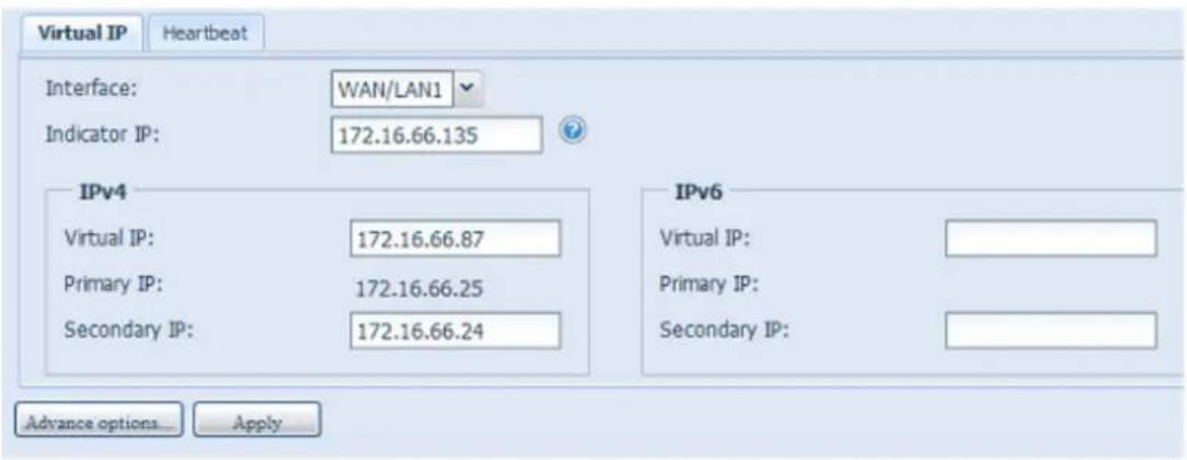 Virtual IP Heartbeat Interface: WAN/LAN1 Indicator IP: 172.16.66.135 IPv4 Virtual IP: 172.16.66.87 Primary IP: 172.16.66.25 Secondary IP: 172.16.66.24 IPv6 Virtual IP: Primary IP: Secondary IP: Advance options... Apply