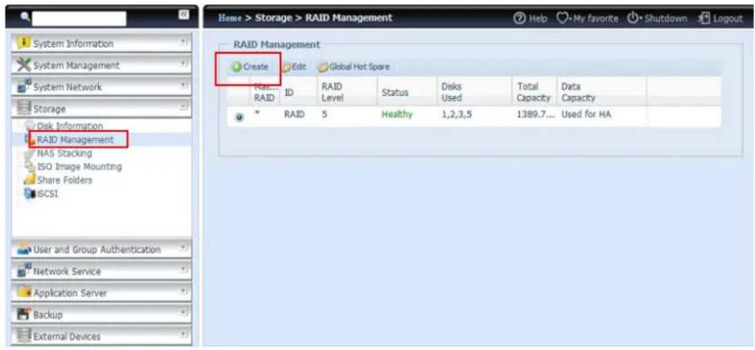 System Information System Management System Network Storage Disk Information RAID Management NAS Stacking ISO Image Mounting Share Folders SCSI User and Group Authentication Network Service Application Server Backup External Devices Home > Storage > RAID Management RAID Management Create Edit Global Hot Spare Mac... ID RAID Status Disks Total Data RAID Level Used Capacity Capacity * RAID 5 Healthy 1,2,3,5 1389.7... Used for HA