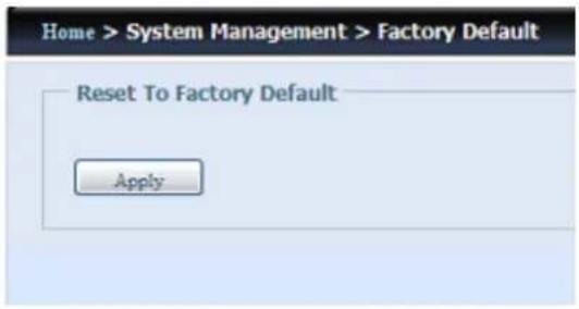 Home > System Management > Factory Default Reset To Factory Default Apply