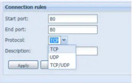 Connection rules Start port: 80 End port: 80 Protocol: TCP Description: TCP UDP TCP/UDP Apply