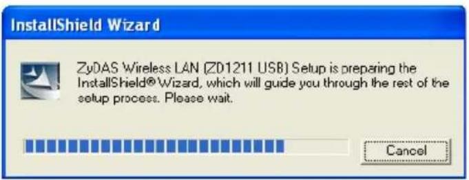 InstallShield Wizard ZyDAS Wireless LAN (Z01211 USB) Setup is preparing the InstallShield® Wizard, which will guide you through the rest of the setup process. Please wait. Cancel