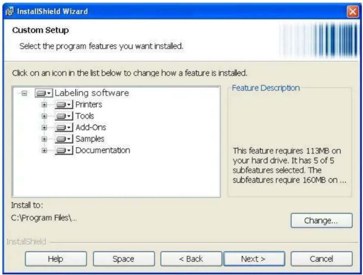 InstallShield Wizard Custom Setup Select the program features you want installed. Click on an icon in the list below to change how a feature is installed. Labeling software Printers Tools Add-Ons Samples Documentation Feature Description This feature requires 113MB on your hard drive. It has 5 of 5 subfeatures selected. The subfeatures require 160MB on ... Install to: C:\Program Files\ Change... InstallShield Help Space < Back Next > Cancel