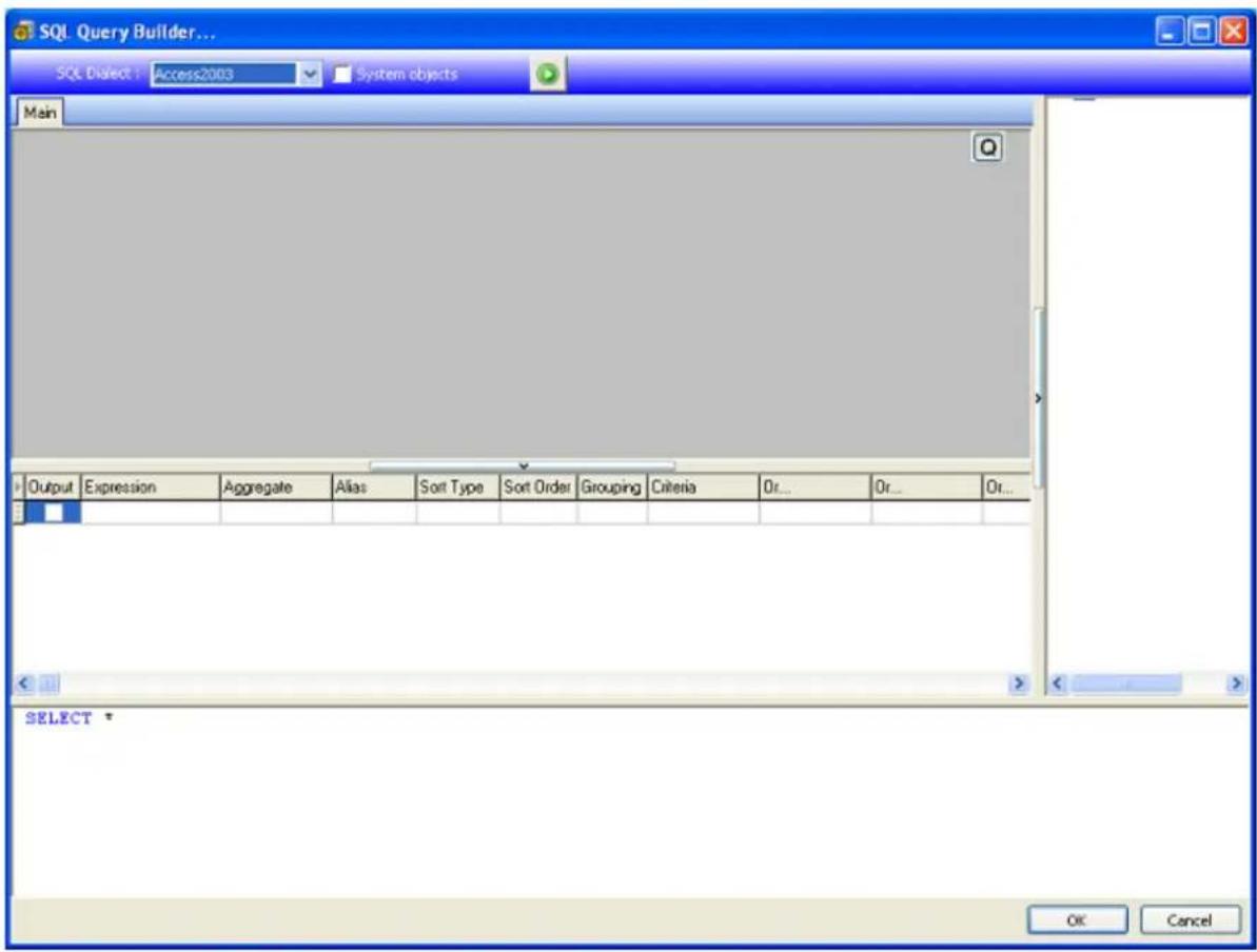 SQL Query Builder... SQL Dialect : Access2003 System objects Main Output Expression Aggregate Alias Sort Type Sort Order Grouping Criteria Or... Or... Or... SELECT