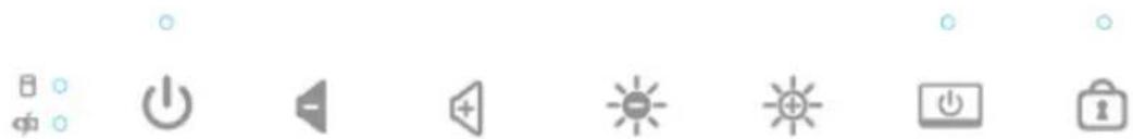 Row of eight gray icons including power, speaker, sun, battery, lock, and play button (no text or labels)