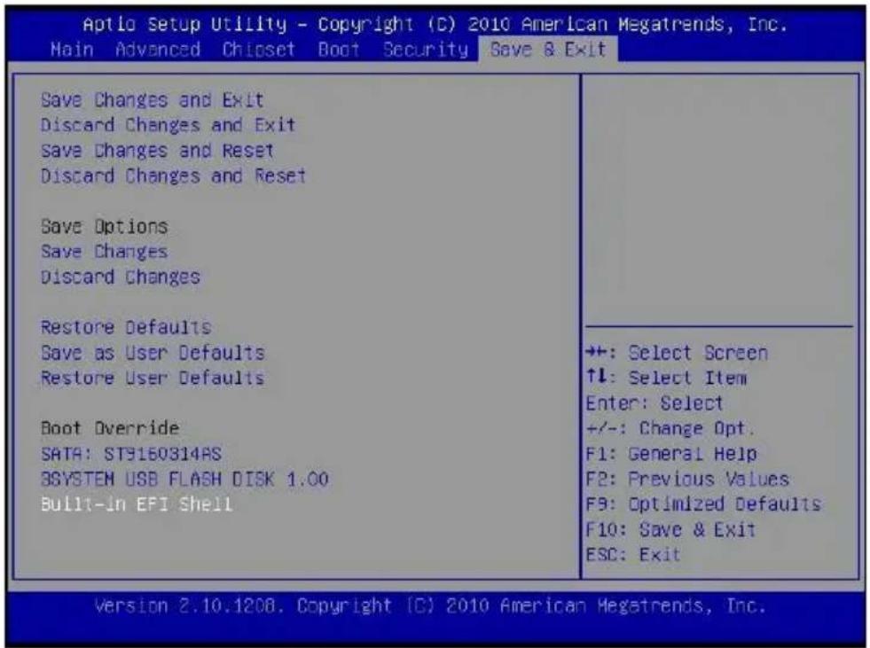 Aptio Setup Utility - Copyright (C) 2010 American Megatrends, Inc. Main Advanced Chipset Boot Security Save & Exit Save Changes and Exit Discard Changes and Exit Save Changes and Reset Discard Changes and Reset Save Options Save Changes Discard Changes Restore Defaults Save as User Defaults Restore…