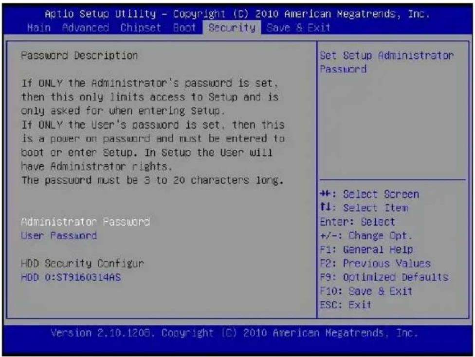 Aptio Setup Utility - Copyright (C) 2010 American Megatrends, Inc. Main Advanced Chipset Boot Security Save & Exit Password Description If ONLY the Administrator's password is set, then this only limits access to Setup and is only asked for when entering Setup. If ONLY the User's password is set, th…