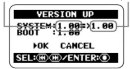 VERSION UP SYSTEM:1.00=>1.00 BOOT :1.00 OK CANCEL SEL: H/M/ENTER: O