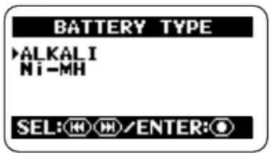 BATTERY TYPE ►ALKALI Ni-MH SEL:◎◎◎/ENTER:◎