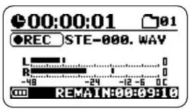 00:00:01 01 ●REC STE-000.WAY L 1 0 R 1 0 -48 -24 -12 -5 0C REMAIN:00:09:10