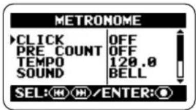 METRONOME CLICK OFF PRE COUNT OFF TEMPO 120.0 SOUND BELL SEL: H/M/ENTER: O